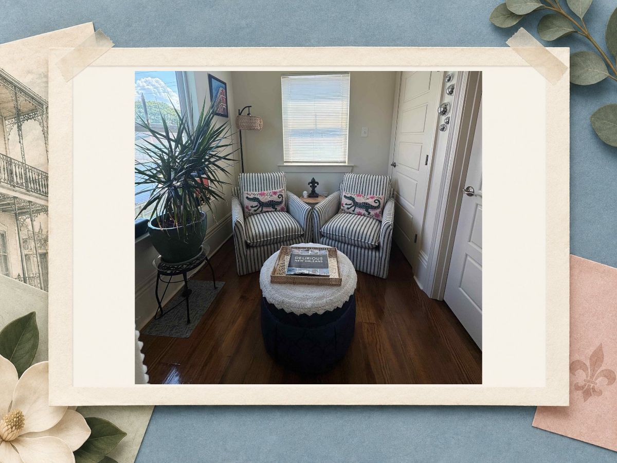 Wide view of the gator-themed guest room at The New Marigny House vacation rental in New Orleans