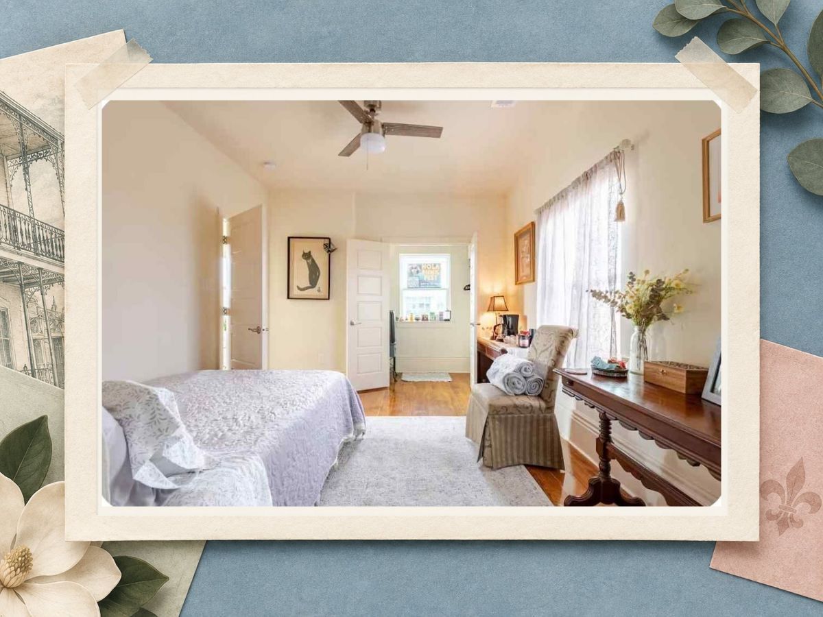 Wide view of a bright white guest bedroom at The New Marigny House vacation rental in New Orleans