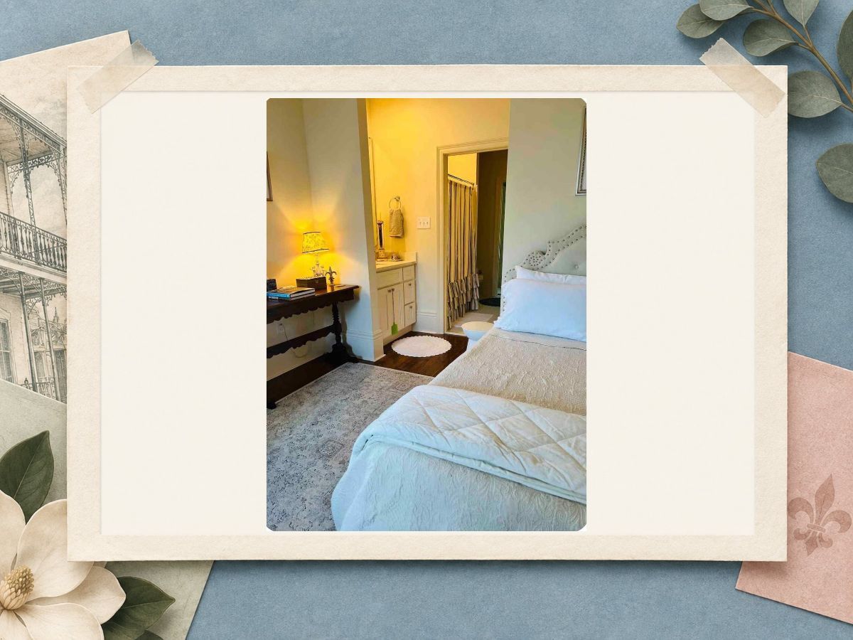 White guest bedroom with vanity at The New Marigny House vacation rental in St. Roch, New Orleans