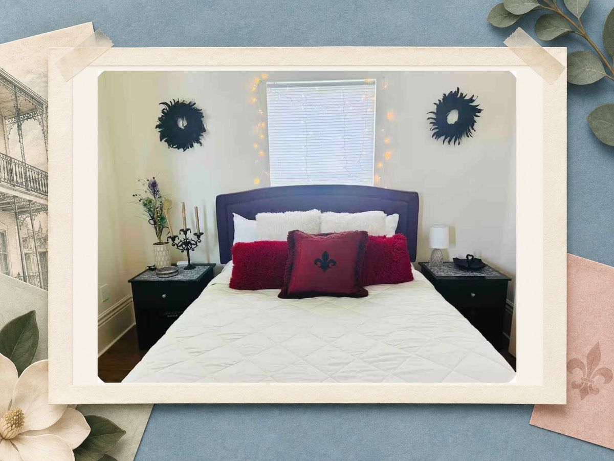 Front view of the purple guest bedroom at The New Marigny House vacation rental in New Orleans