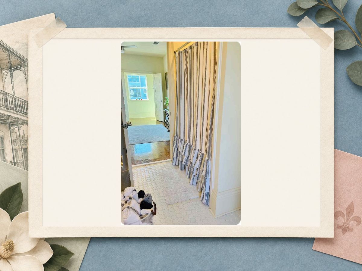 Guest bathroom doorway view at The New Marigny House vacation rental in St. Roch, New Orleans
