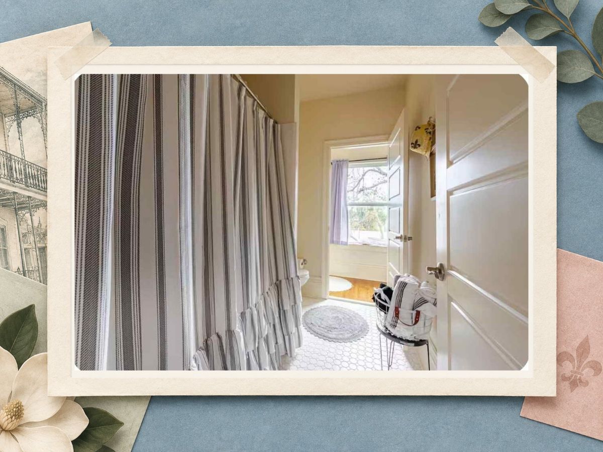 Guest bathroom and shower at The New Marigny House vacation rental in St. Roch, New Orleans