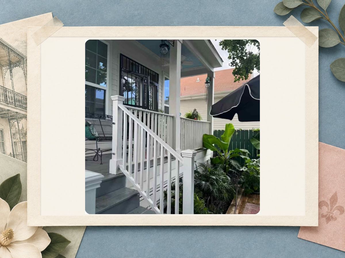 Welcoming front porch of The New Marigny House vacation rental in St. Roch, New Orleans