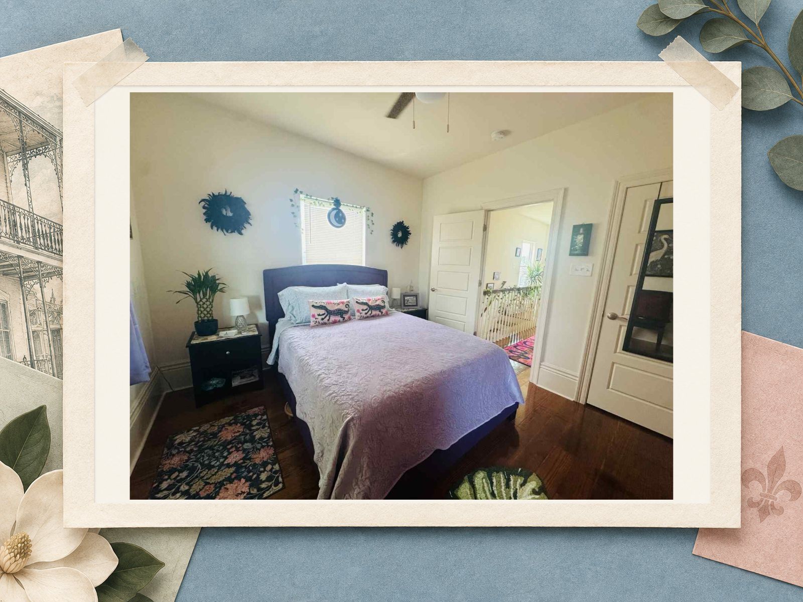 Guest bedroom with pink bedding at The New Marigny House vacation rental in St. Roch, New Orleans