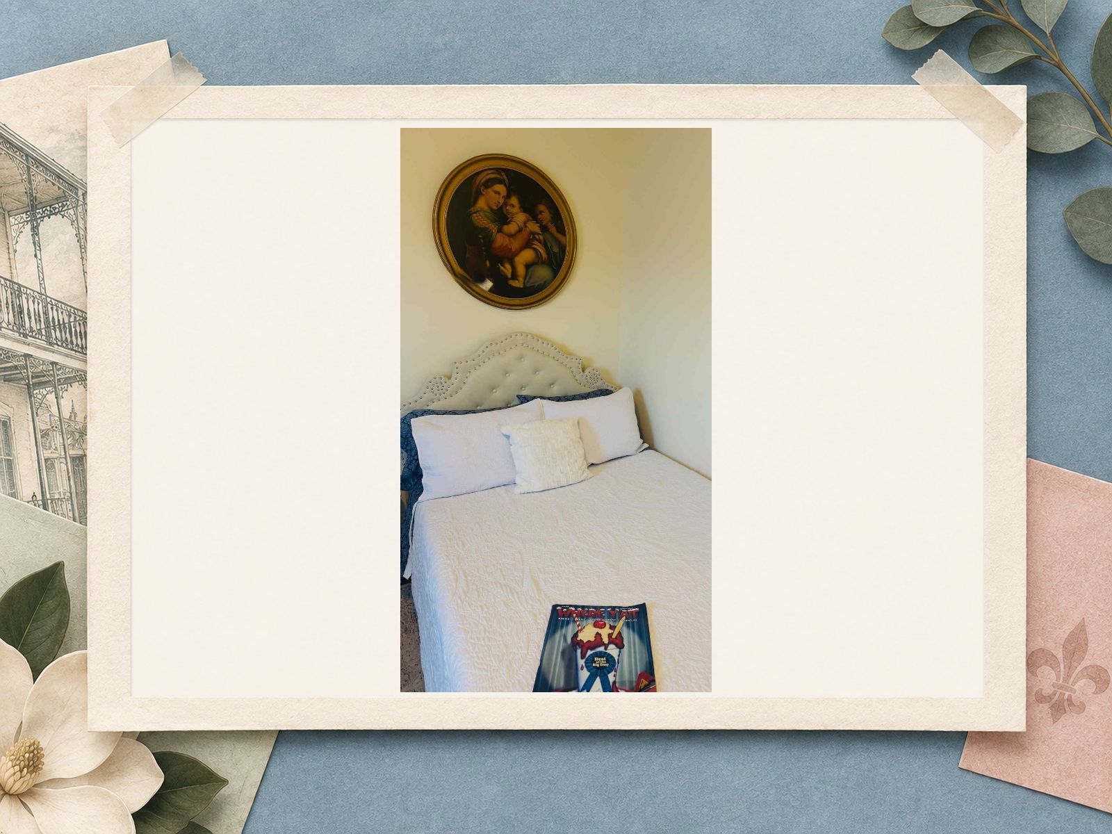White guest bed beneath an oval painting at The New Marigny House vacation rental in New Orleans