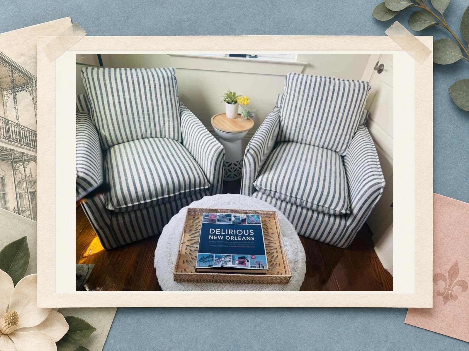 Pair of striped reading chairs at The New Marigny House vacation rental in St. Roch, New Orleans
