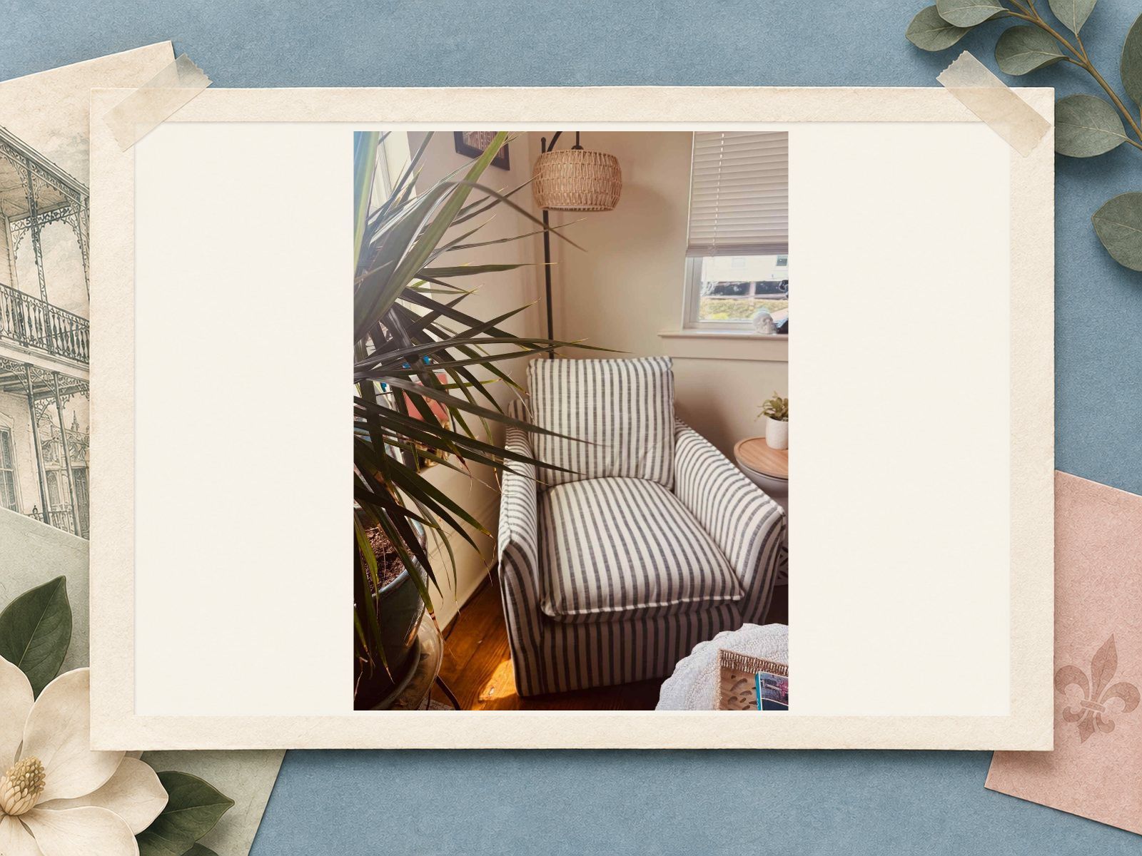 Striped reading chair with a plant and woven lamp at The New Marigny House vacation rental in New Orleans