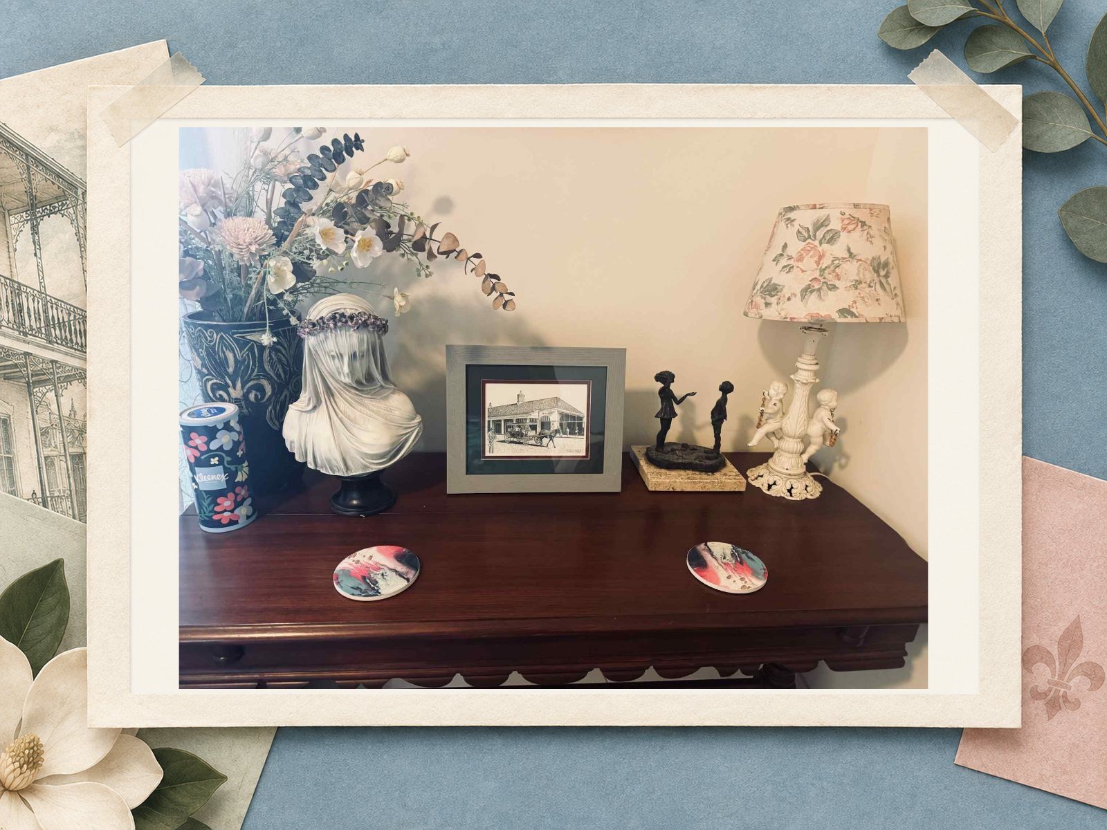 Eclectic tabletop art and decor at The New Marigny House vacation rental in New Orleans
