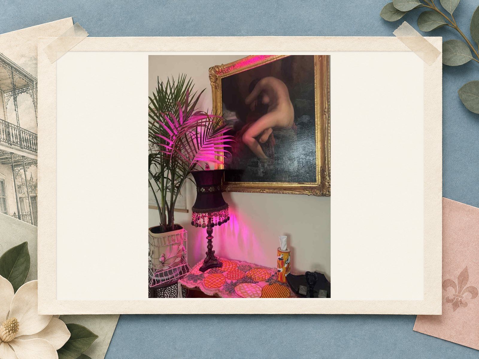 Pink accent lamp and framed artwork at The New Marigny House vacation rental in New Orleans
