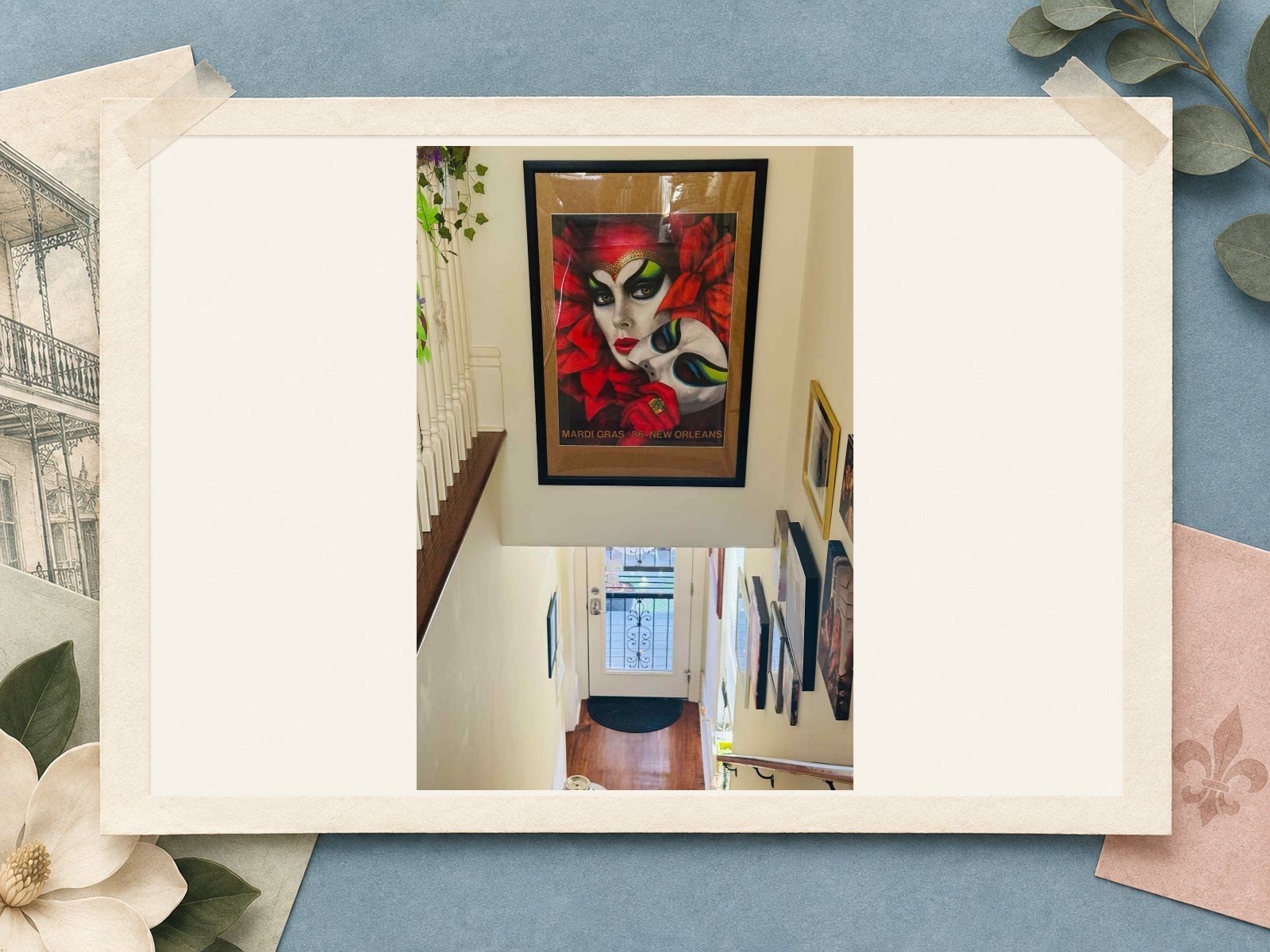 Mardi Gras poster above the stairway at The New Marigny House vacation rental in New Orleans