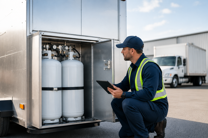 Technician inspects gas cylinders in a truck’s rear compartment outside a warehouse