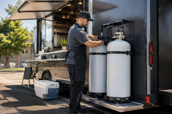 Technician servicing propane tanks on a utility trailer beside a pickup truck outdoors