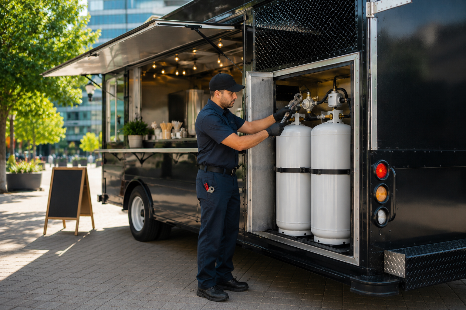 Food truck worker loading white gas cylinders into a black mobile kitchen truck outdoors
