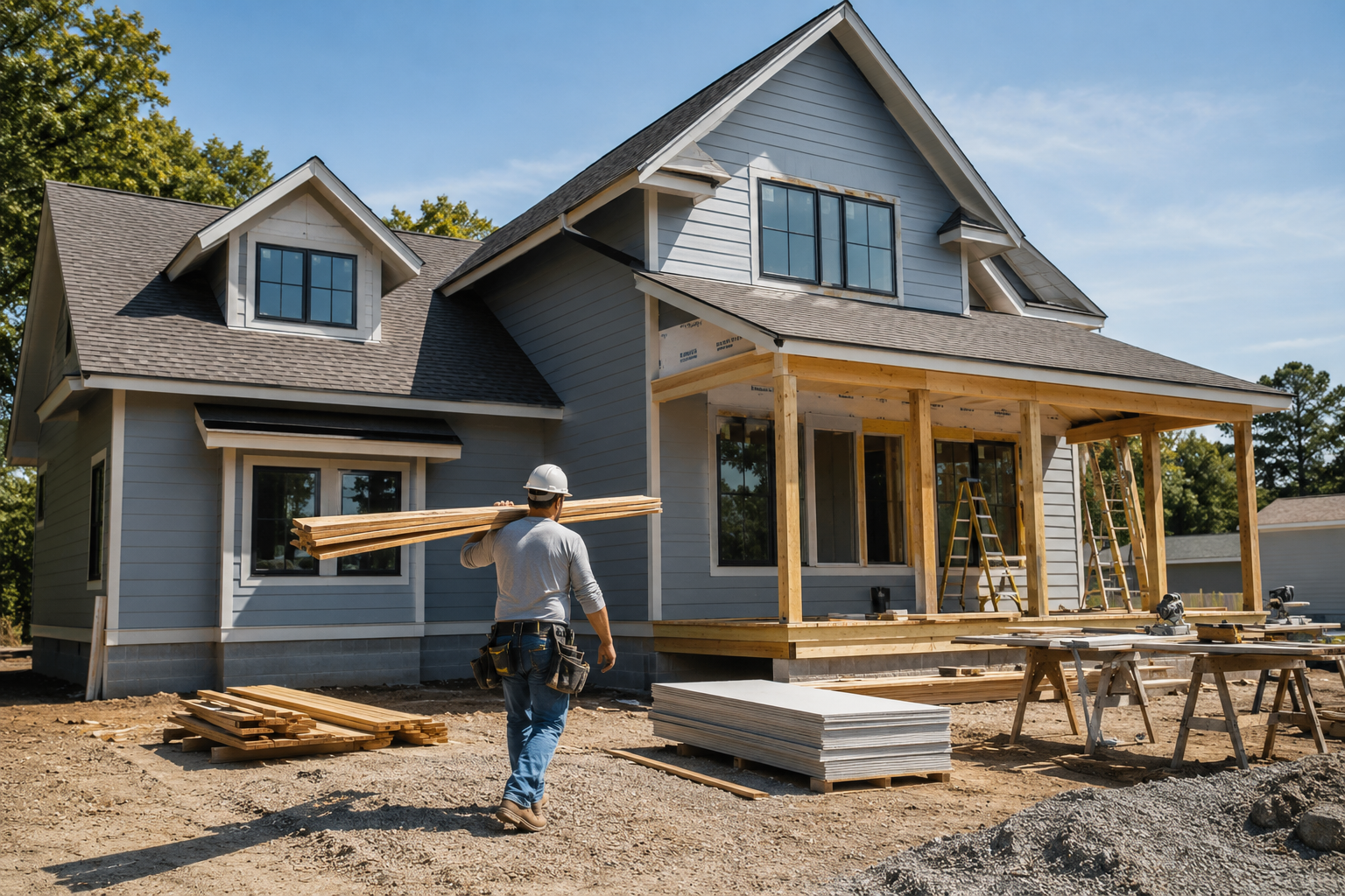 Worker carrying lumber outside a gray house under construction with exposed framing and roof.