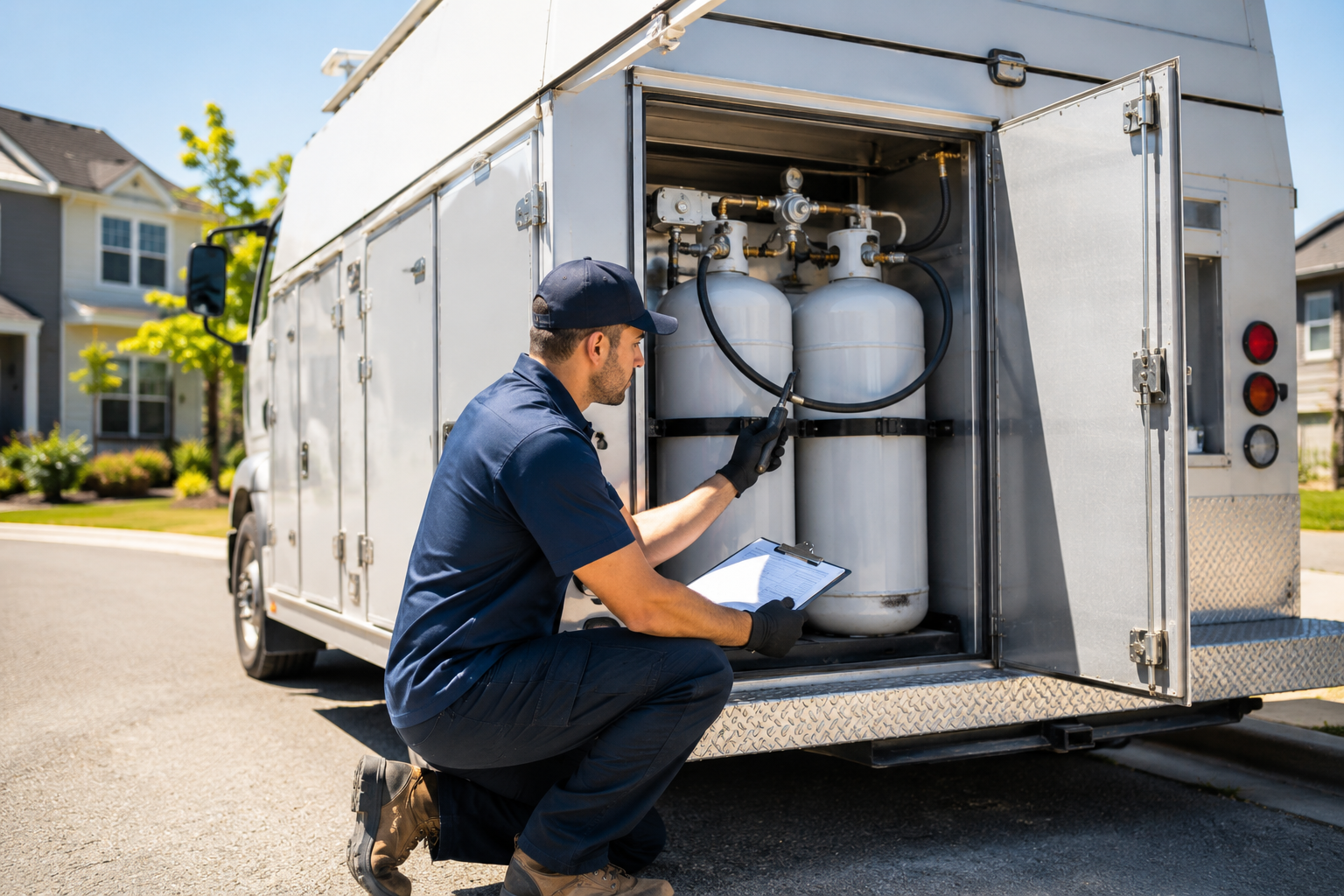 Technician inspecting propane tanks in a service truck at a residential street.
