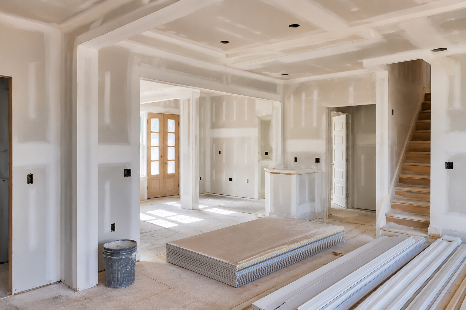 Unfinished bright room with white walls, exposed trim, stacked boards, and a small staircase on the right.