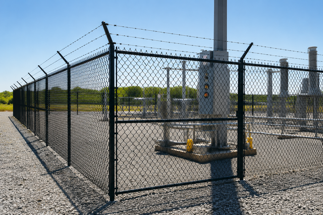 Chain-link fence around an electrical substation with utility poles and gravel ground.