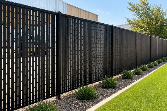 Black slatted fence beside a green lawn with gravel landscaping and small shrubs under a blue sky