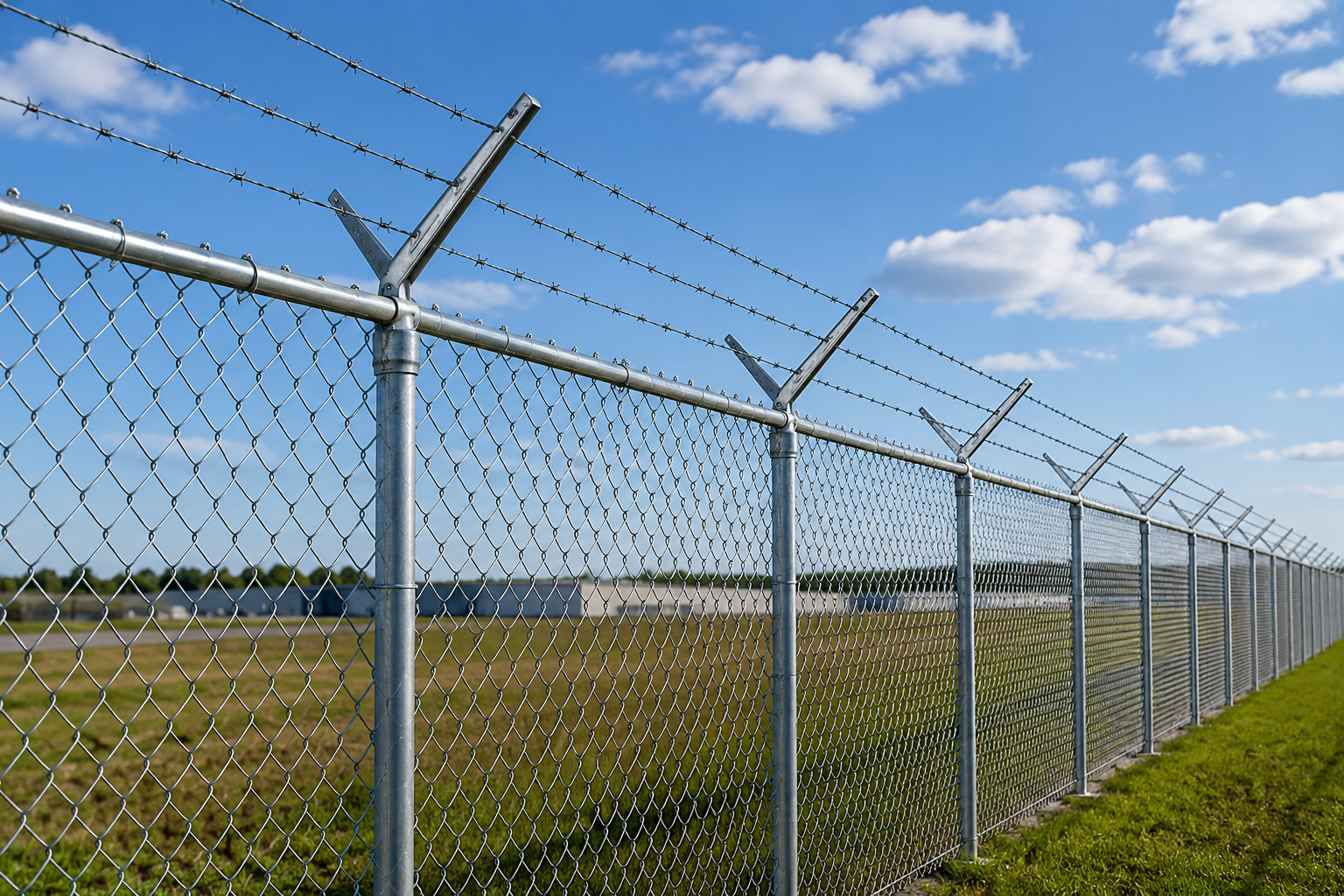 Chain-link security fence topped with barbed wire beside a grassy airfield under a blue sky