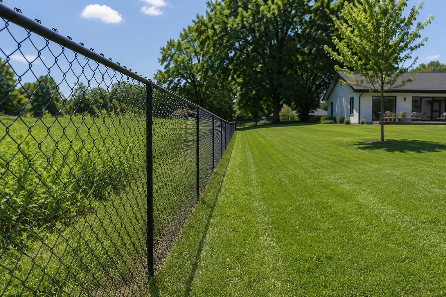 Black chain-link fence beside a green lawn under a blue sky, with a house and tree in the background