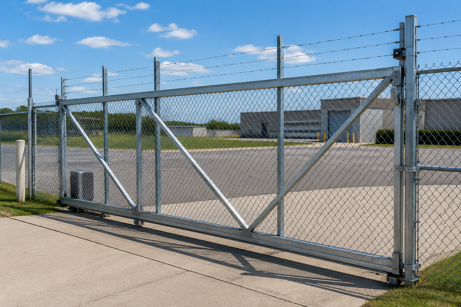 Chain-link sliding gate with barbed wire in front of an industrial lot under a blue sky