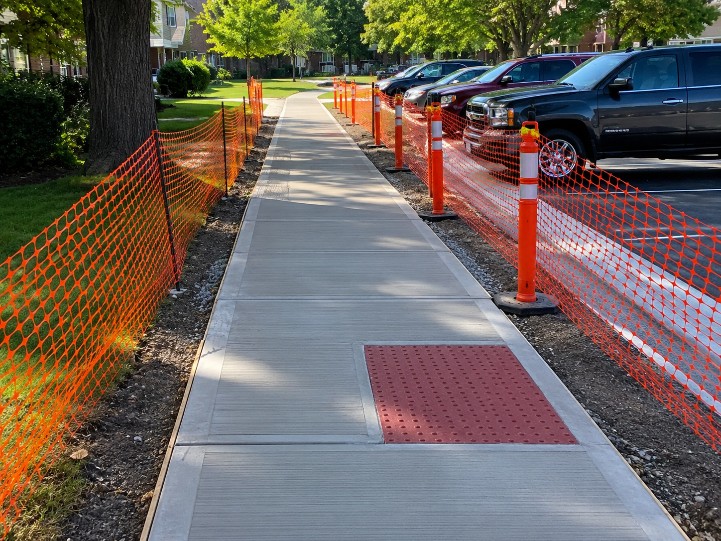 Sidewalk under construction with orange fencing, cones, parked cars, and a red tactile paving panel