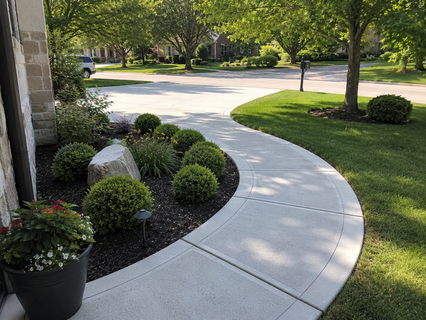 Curved concrete walkway beside landscaped shrubs and trees in a sunny neighborhood entrance