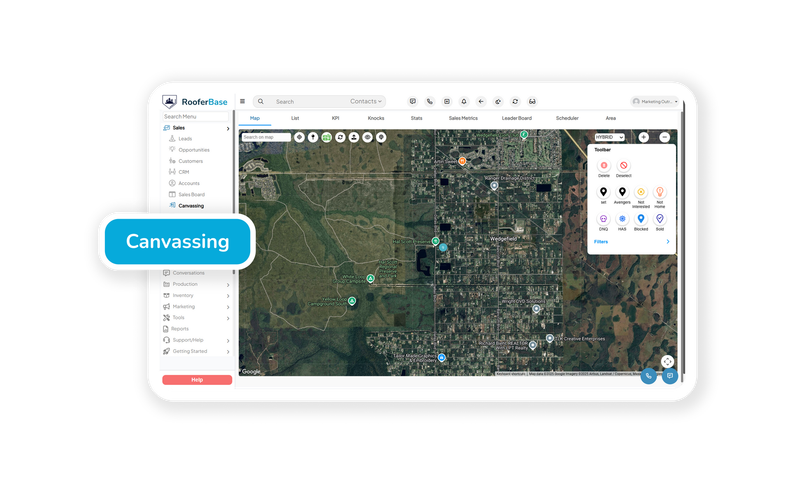 Roofing door-to-door canvassing app with lead capture and territory map
