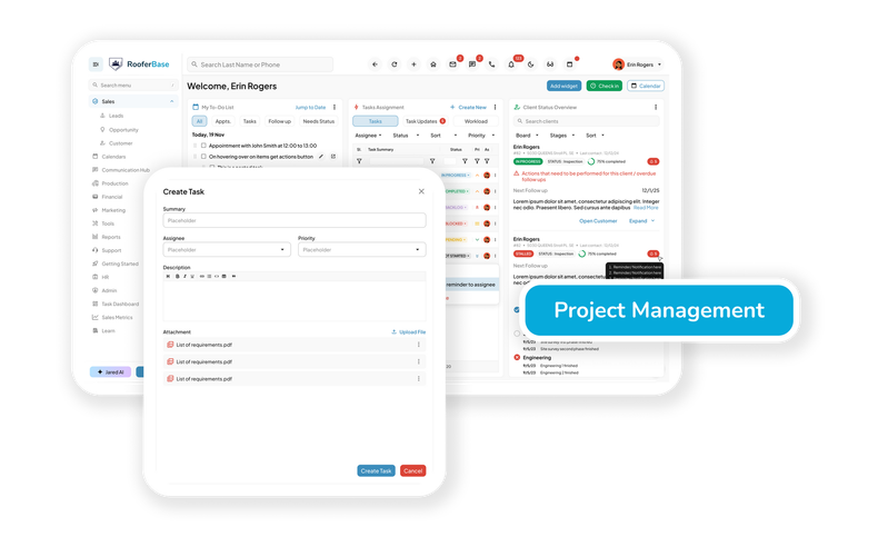Roofing project management dashboard with crew scheduling and job status tracking