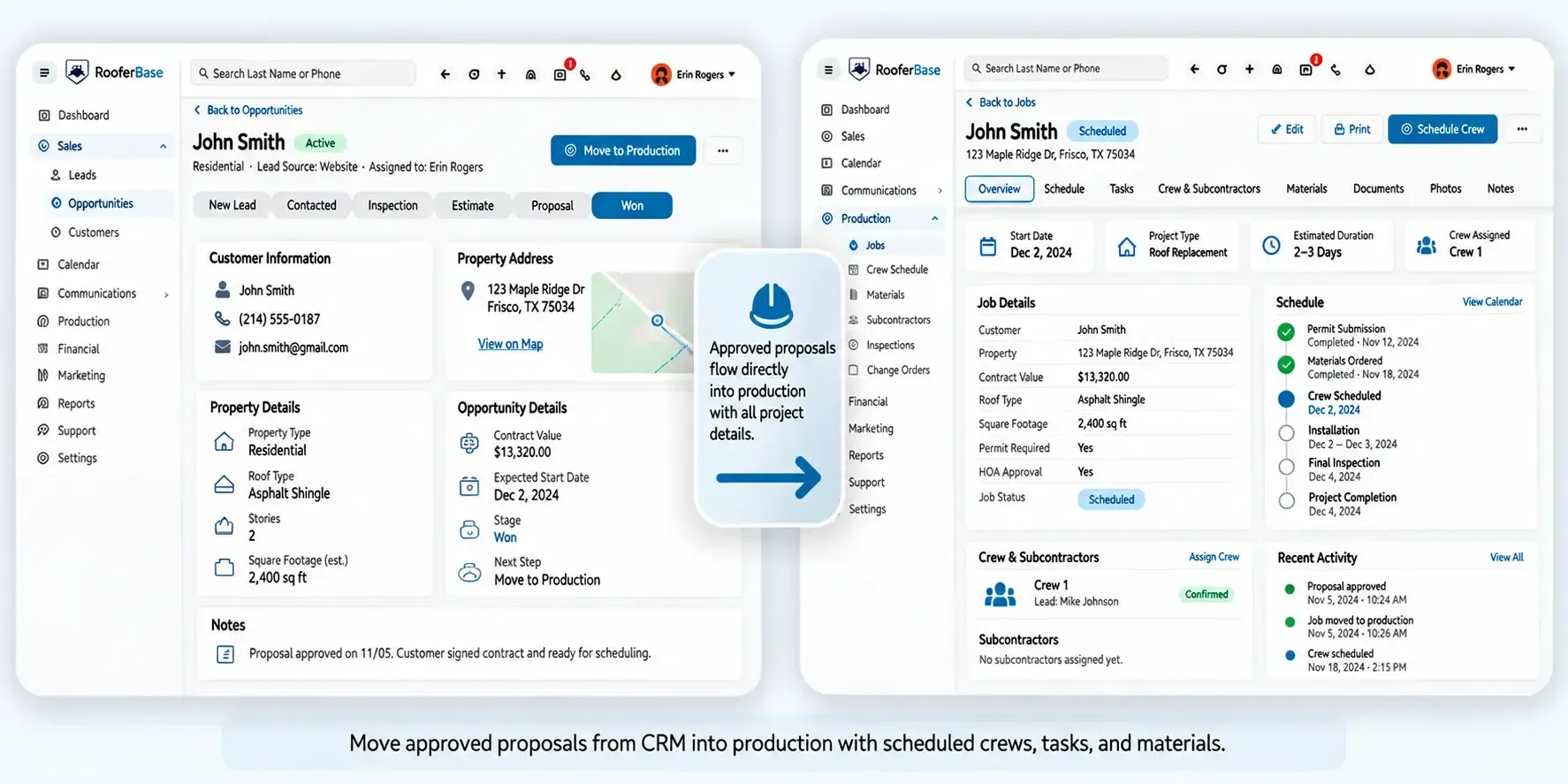 Roofing CRM sales-to-production handoff