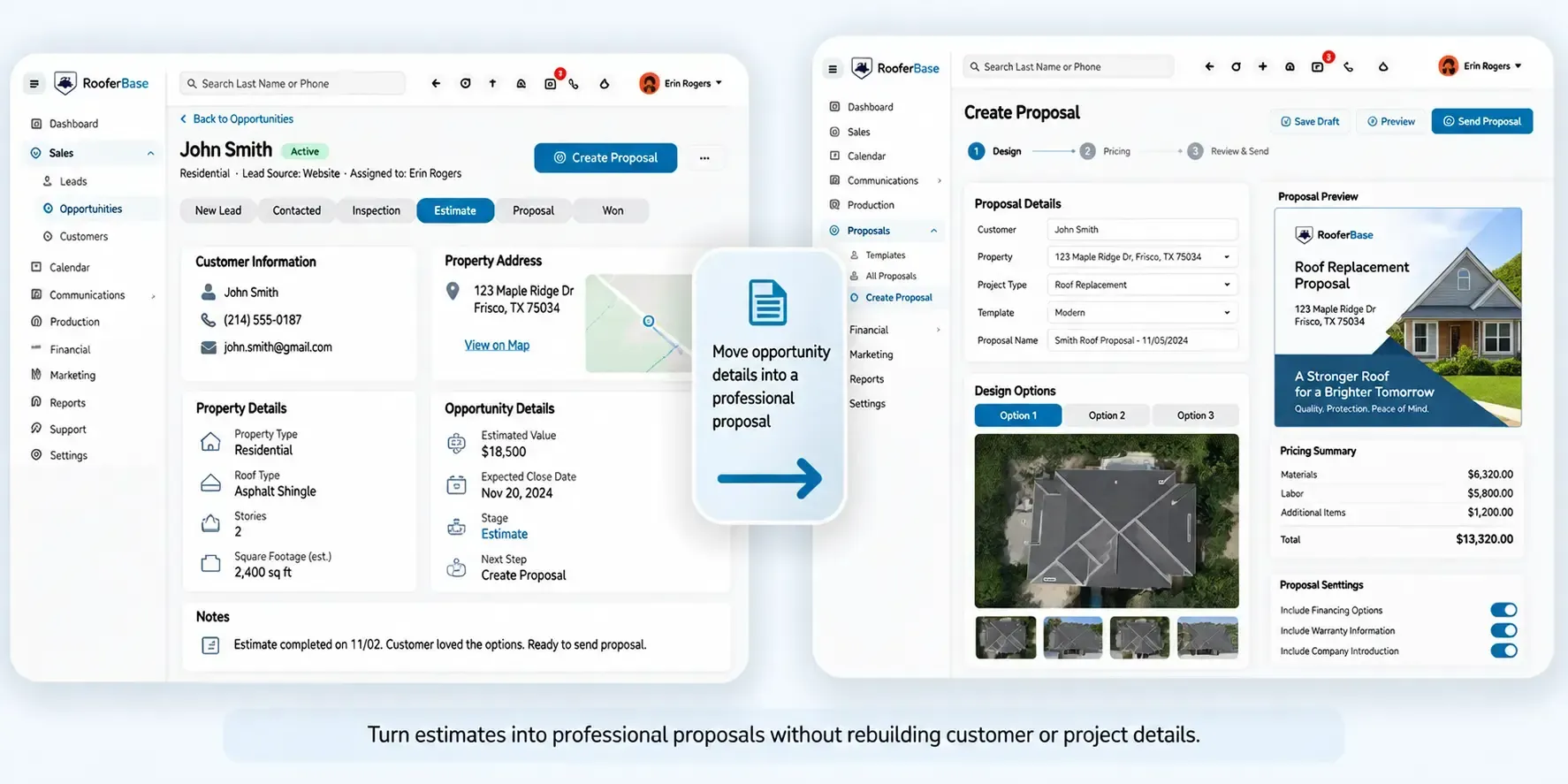 Roofing CRM is connected to the proposal workflow