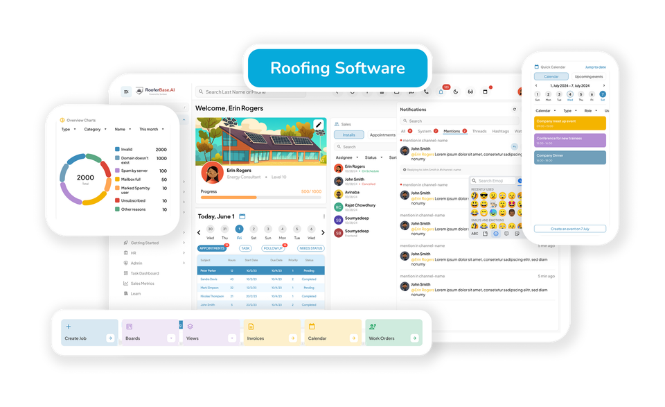 Roofing software dashboard showing CRM estimating and project management tools