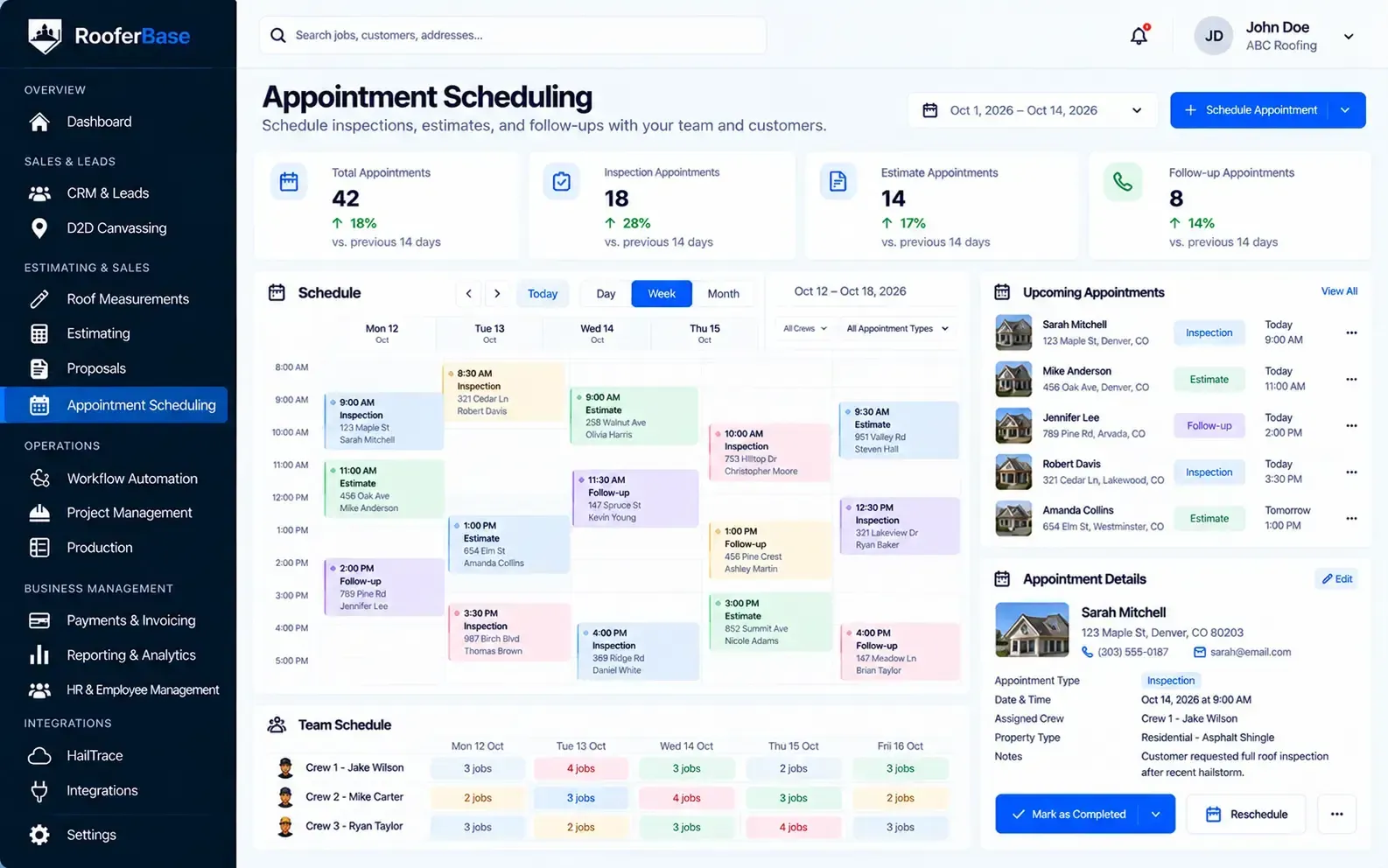 RooferBase appointment scheduling dashboard showing roofing inspections, estimate appointments, follow-up visits, team schedules, and appointment details.