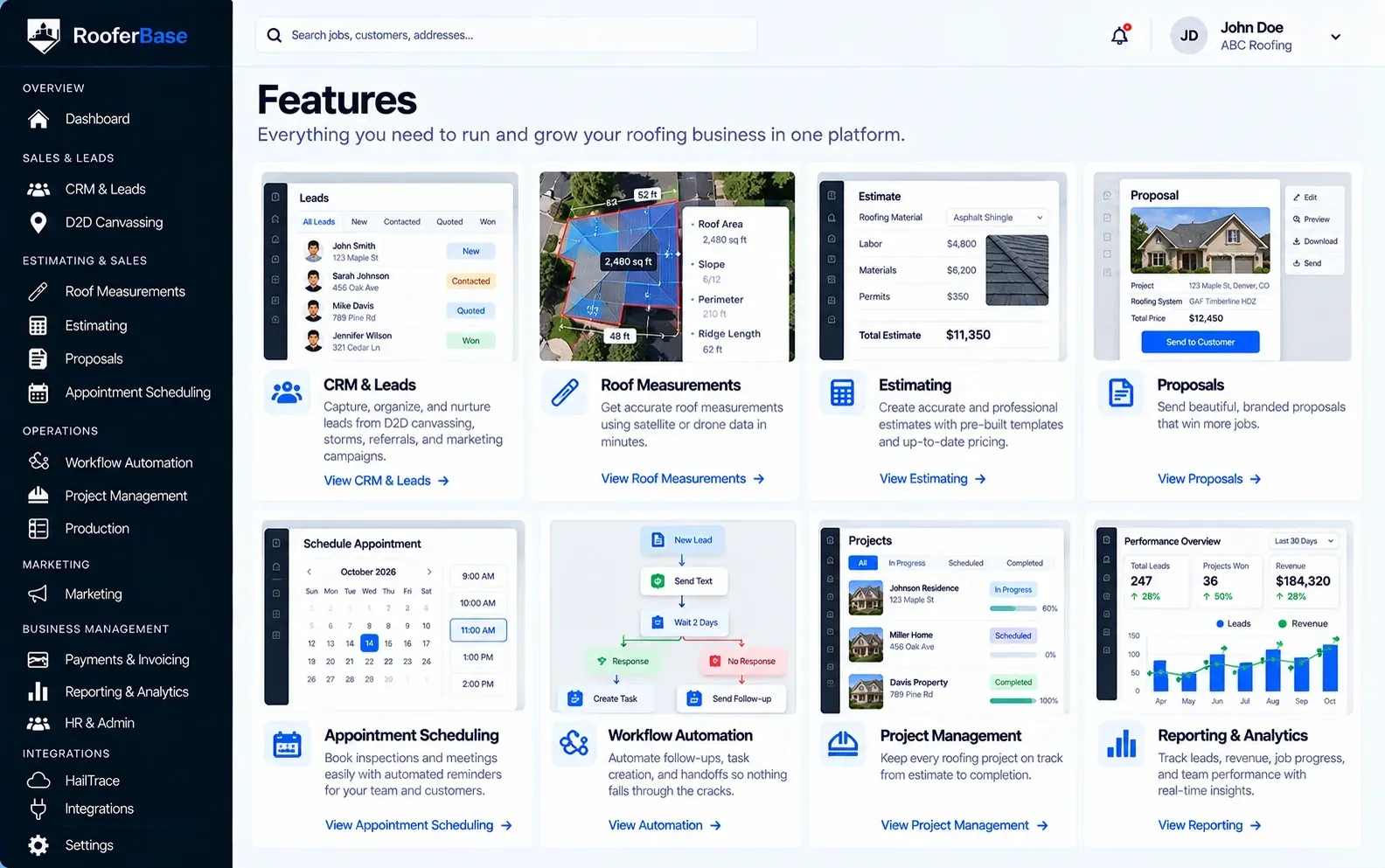 RooferBase roofing software features overview showing CRM and lead management, roof measurements, estimating, proposals, appointment scheduling, workflow automation, project management, and reporting tools.