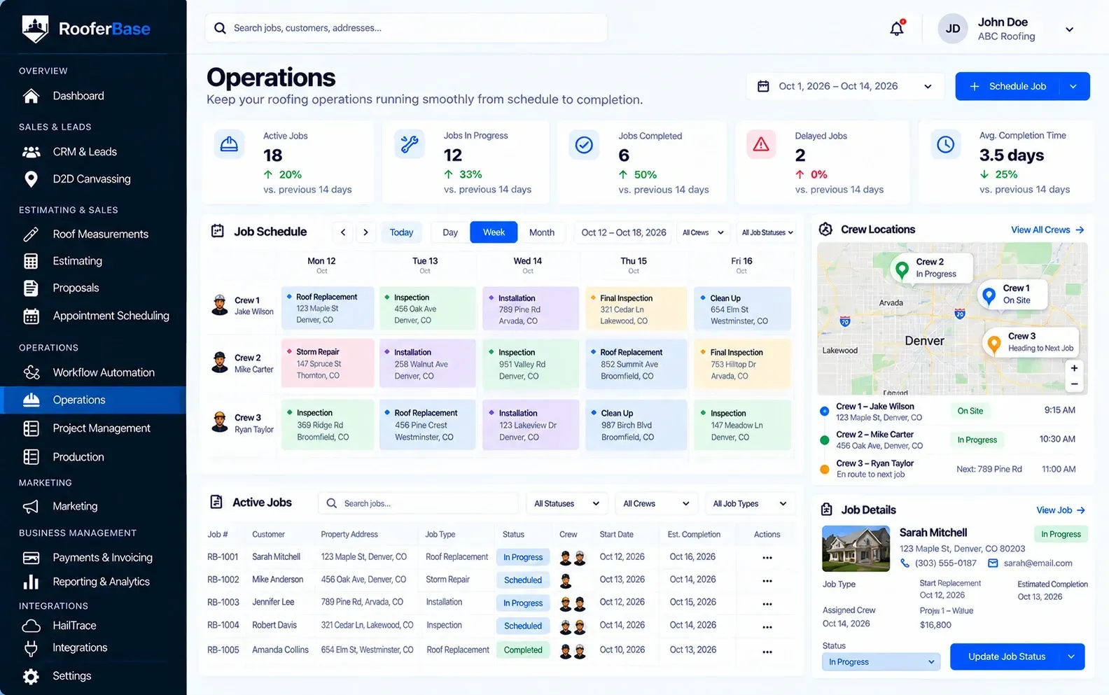 RooferBase roofing operations dashboard showing job schedules, crew locations, active jobs, job statuses, and estimated completion dates.
