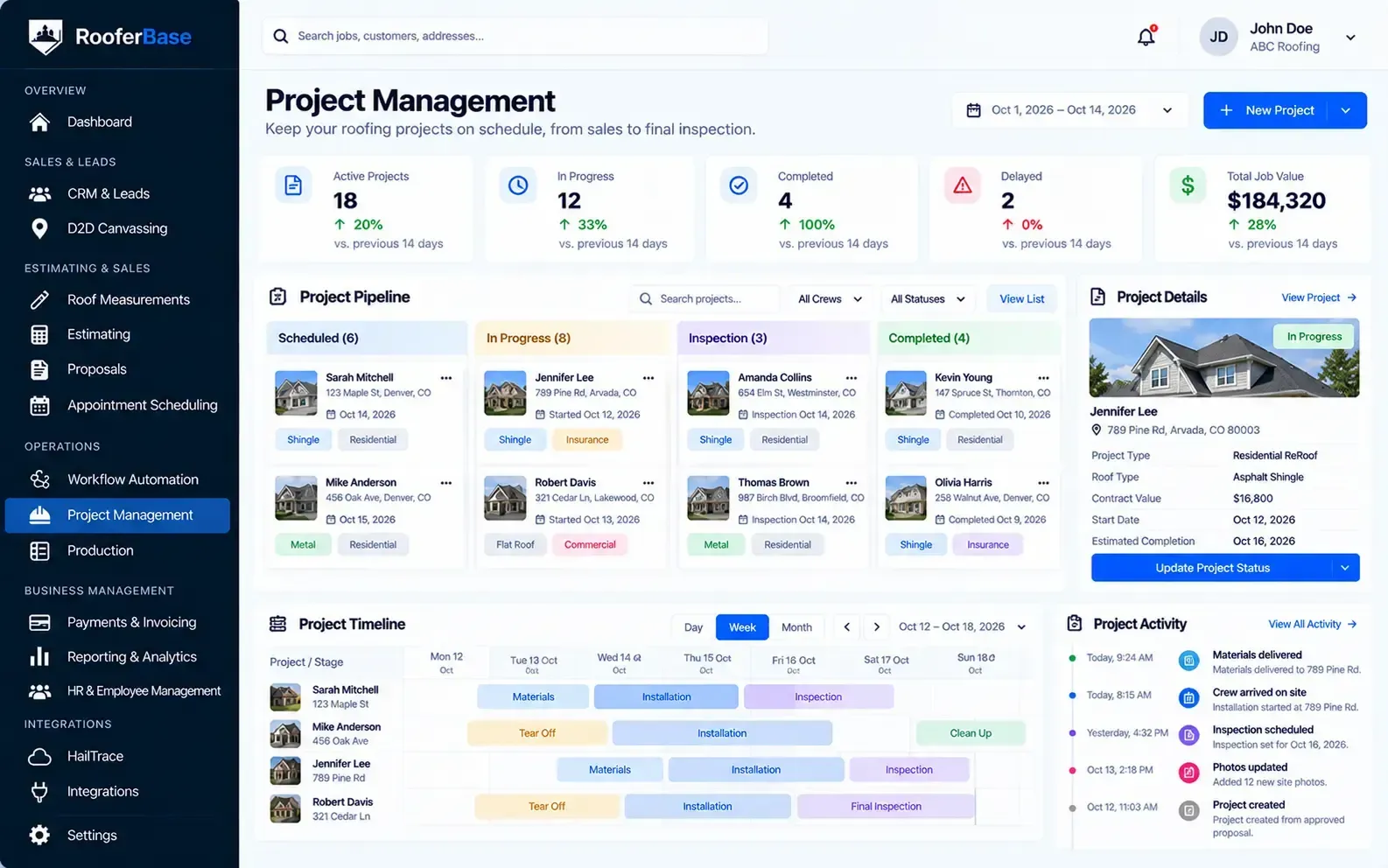 RooferBase roofing project management dashboard showing project statuses, scheduled jobs, project timelines, completion dates, and crew activity.