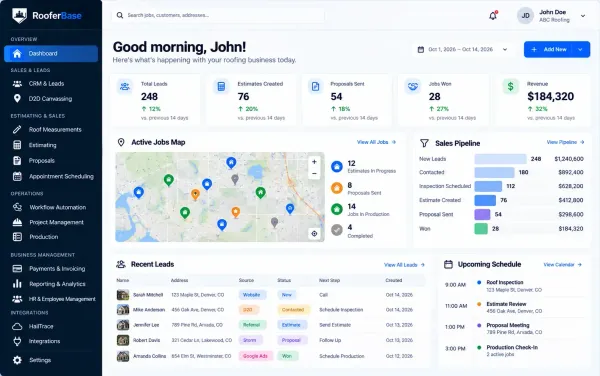 RooferBase roofing software dashboard showing sales pipeline, active jobs, recent leads, and upcoming schedule.