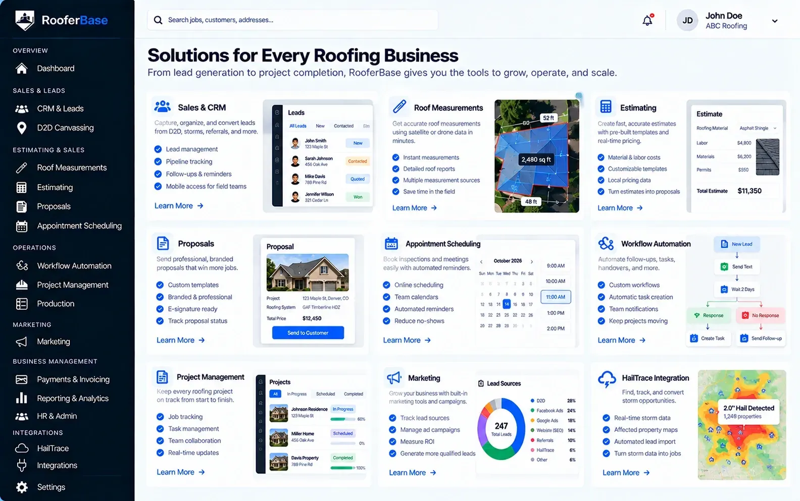 RooferBase roofing business solutions overview featuring sales and CRM, roof measurements, estimating, proposals, scheduling, workflow automation, project management, marketing, and HailTrace integration.
