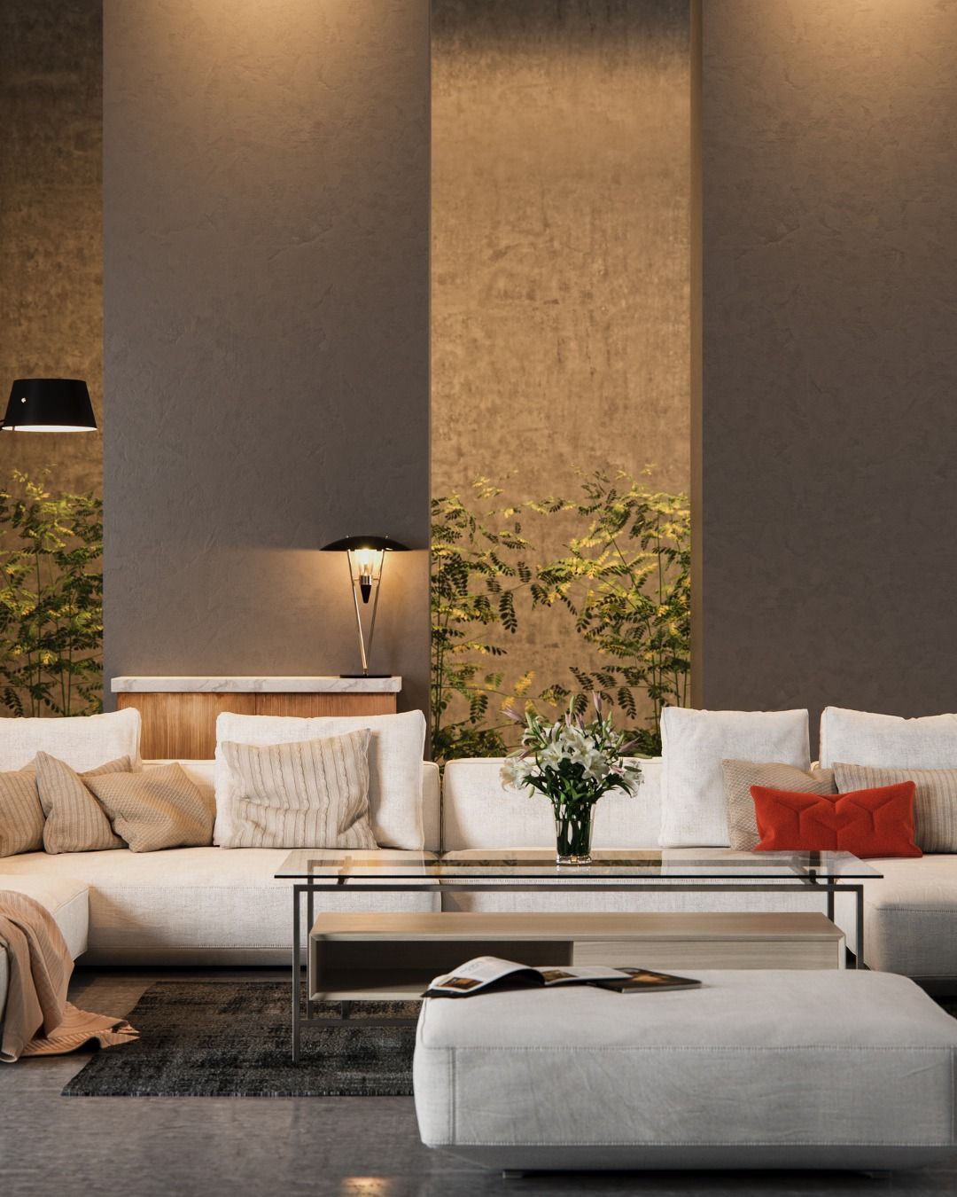 Modern living room with white sofa, glass coffee table, and plant-filled wall panels — Crampton Painting & Decorating Pty Ltd In Maiden Gully, VIC