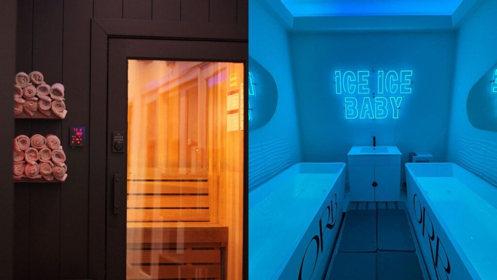 A split-screen view: a warm, wood-paneled sauna on the left and a cool, blue-lit ice bath room on the right.