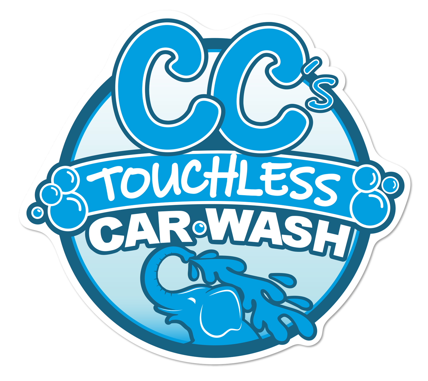 A blue logo for CC’s Touchless Car Wash featuring an elephant spraying water, with bubbles and text on a white background.