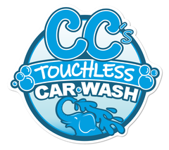 A blue logo for CC’s Touchless Car Wash featuring an elephant spraying water, with bubbles and text on a white background.