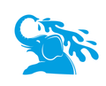 A blue, stylized graphic of an elephant spraying water from its trunk.