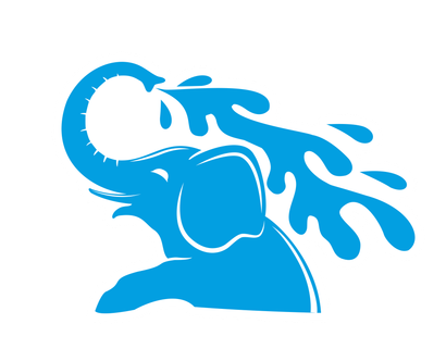 A blue, stylized graphic of an elephant spraying water from its trunk.