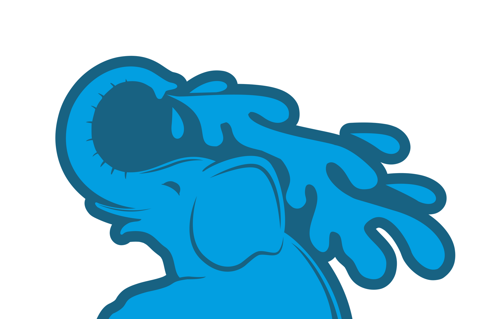 A blue silhouette of an elephant spraying water from its trunk against a white background.