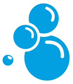 Four bright blue bubbles of varying sizes arranged in a cluster, each featuring a white highlight to denote transparency.