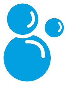 Three bright blue bubbles of varying sizes arranged vertically with white highlights indicating light reflection.