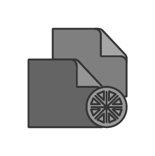 A gray icon of two overlapping documents with a circular, pie-chart-like loading or processing symbol in the lower right.