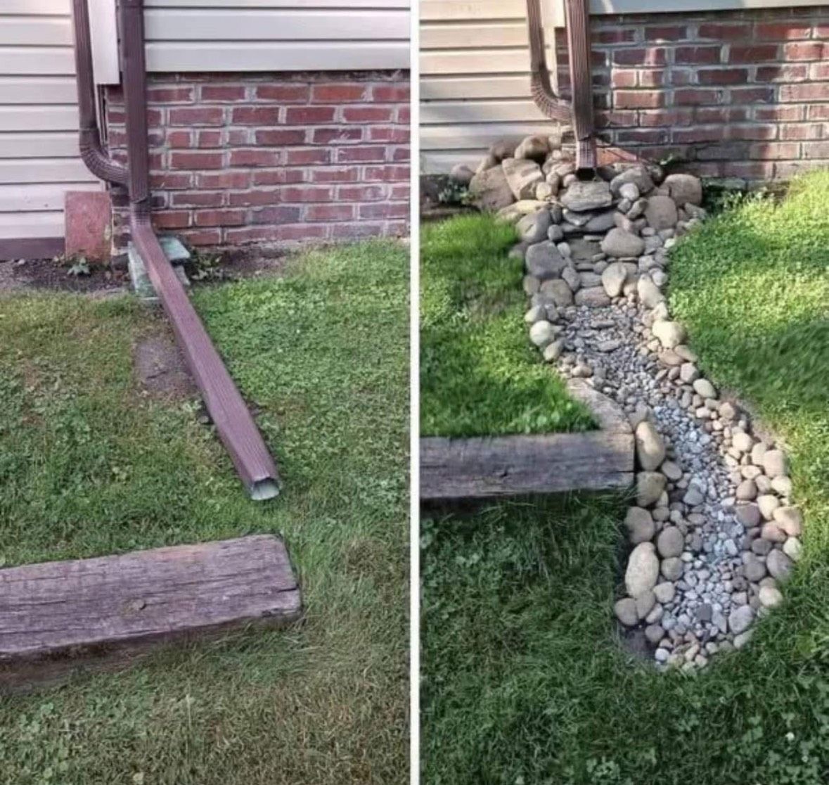 Before-and-after of a downspout drain redirected through a rock bed beside a brick house