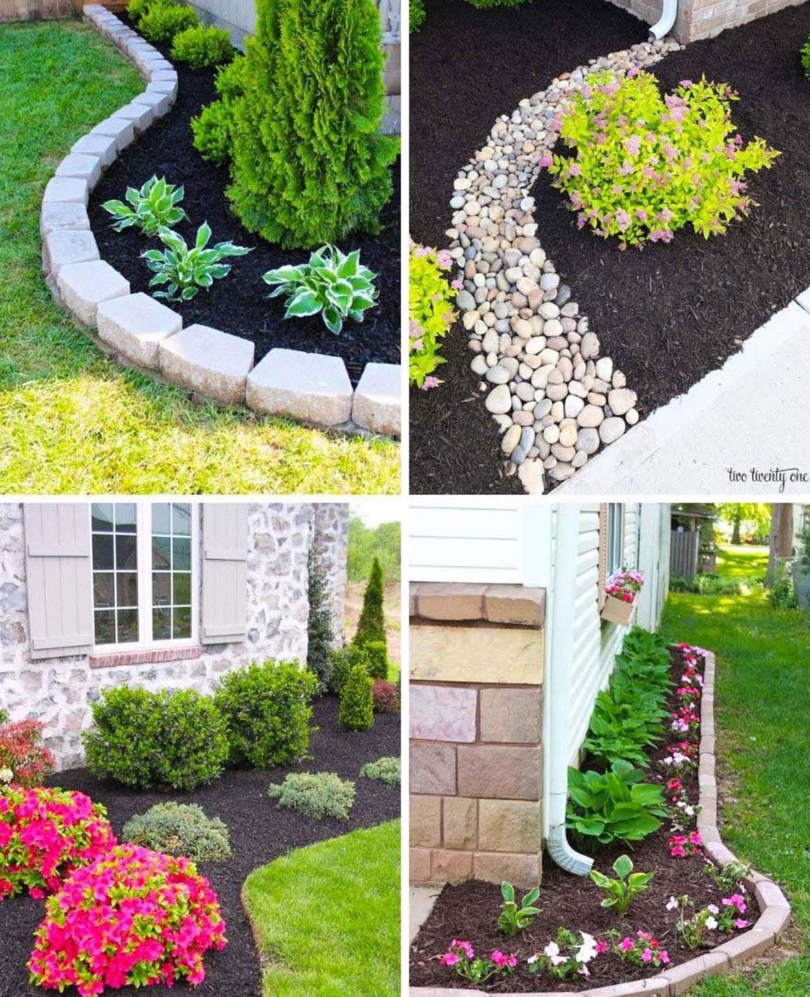 Four landscaped garden borders with curved edging, rocks, mulch, and colorful flowers near a house